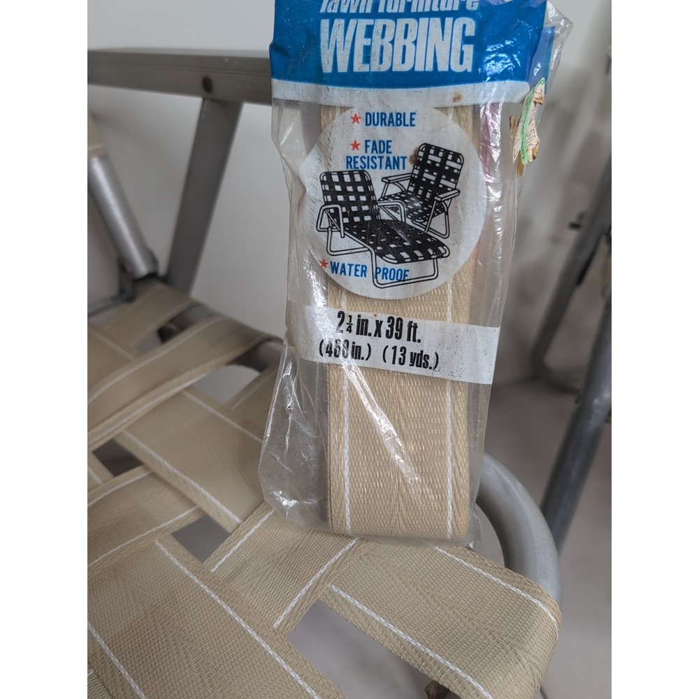 Vtg Pair Sunbeam Webbed Aluminum Folding Lawn Patio Chairs Tan w Replacement Web - Picture 7 of 7